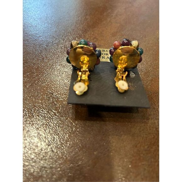 Carol for Eva Graham vintage clip beaded earrings gold blue mauve green glam - Picture 4 of 6